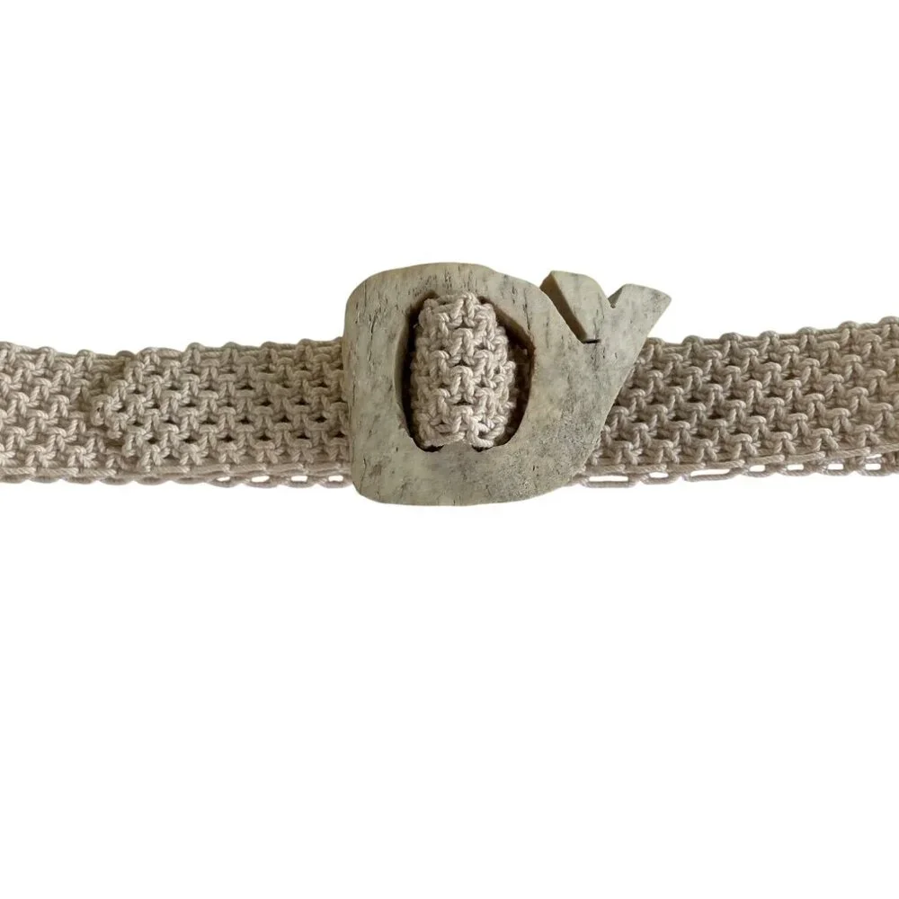 Vintage Handcrafted Macrame Adjustable Belt with Carved Buckle Whale Theme Sz M